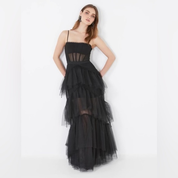 BCBGMAXAZRIA BlackCorset Tulle Gown Ruffled Maxi Gown Evening Dress